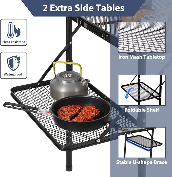 REDCAMP 36x24 Folding Grill Table for Outside with 2 Side Tables Lightweight Portable Metal Aluminum Outdoor Grill Table with Adjustable Height Legs Great for Camping Picnic Cooking BBQ Black 3ft