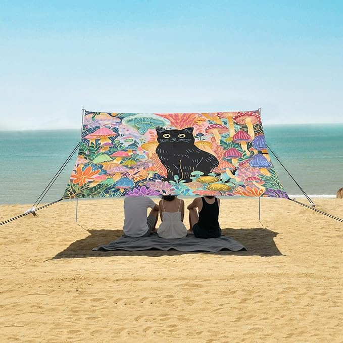 ALAZA Mushroom Black Cat Beach Tent Sun Shelter UPF50+ Protection Beach Shade Canopy w/ 4 Sandbags for Outdoor Camping Fishing Backyard Fun Picnic 10x9 ft