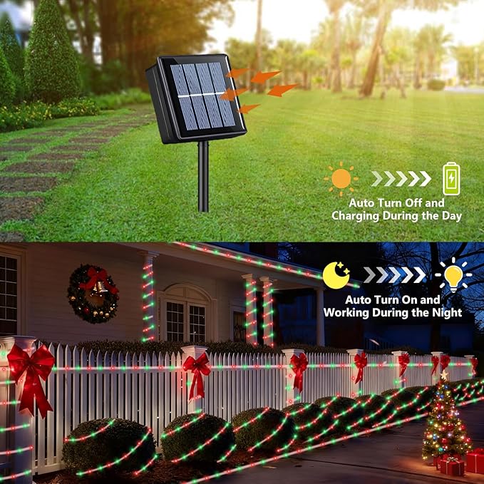 YEGUO Solar Christmas Light Outdoor Waterproof 66ft 200 LED Red and Green Rope Lights 8 Modes Tube String Lights in Clear Thin Tube