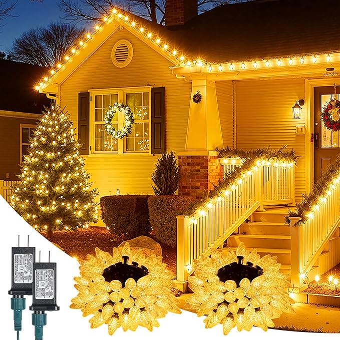 Minetom C9 Christmas Lights Outdoor 88FT 110LED String Lights with 8 Lighting Mode Waterproof Connectable UL Certified Warm White C9 Christmas decorations for Indoor Outdoor Patio Roofline Decor 2PC