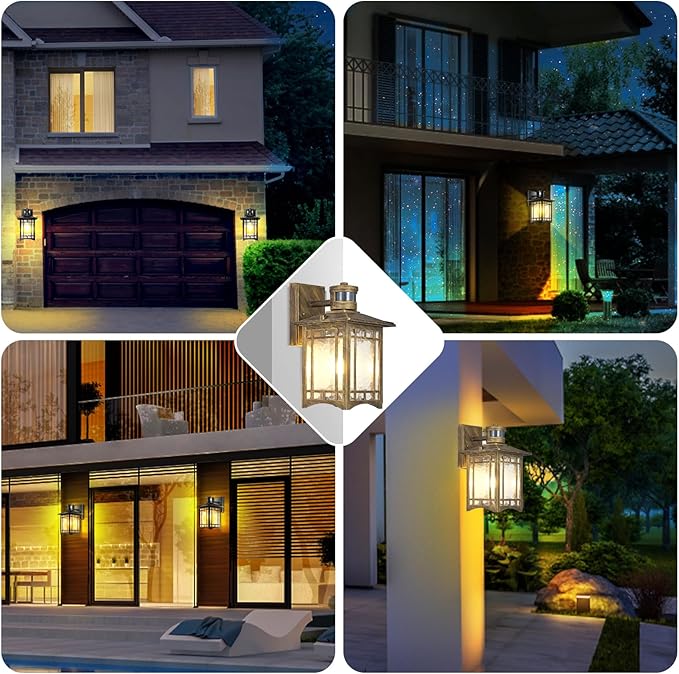 2 Pack Bronze Outdoor Motion Sensor Lights - Dusk to Dawn Lighting Fixture for Outside House Exterior - Wall Mount Porch Lantern with Yard Front Motion Detector - Garage Patio Anti-Rust Light