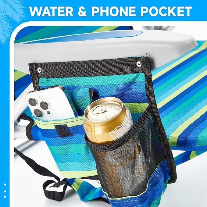 2 Pack Lightweight Portable Camping Beach Chair for Adults Outdoor Lay Flat Folding Beach Chairs with 5 Positions Backpack Beach Chair with Towel Bar Zipper Pouch Cup Holder Ocean Striped