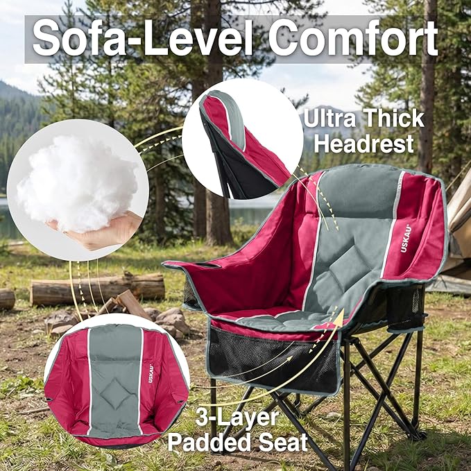 Oversized Camping Chair for Adults - Heavy Duty 400 lbs Padded Folding Chair with Wine Glass Holder 2 Cup Holders &amp Side Pockets Portable Carry Bag for RV Tailgating Lawn