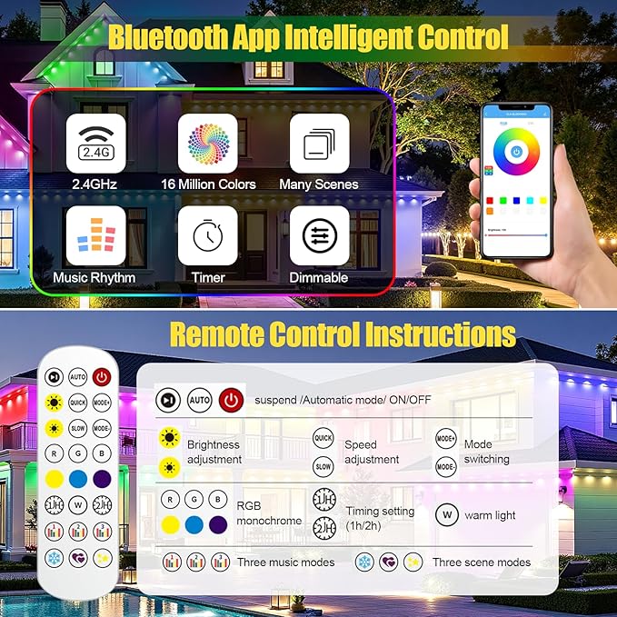 Permanent Outdoor Lights 50ft RGB+IC Smart LED Lights IP67 Waterproof Smart Outdoor Decorations with App/Remote for Christmas New Year Halloween Holiday Daily Party DecorValentine's Day