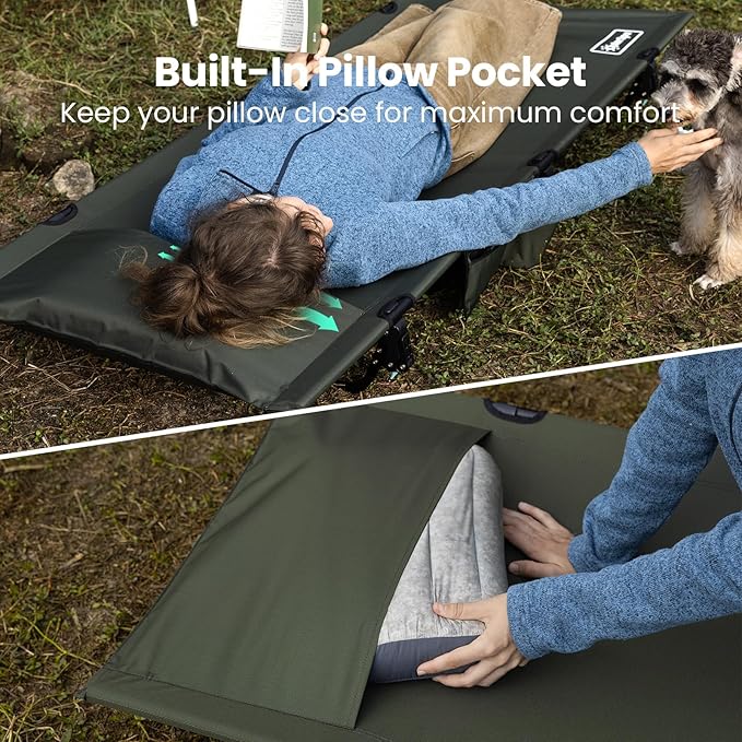 Portable Camping Cot Sleeping Cots for Adults Ultralight Backpacking Cot Compact Collapsible Easy Set-Up Supports 500lbs Portable Camp Cot for Adults Camping Outdoors and Home Green