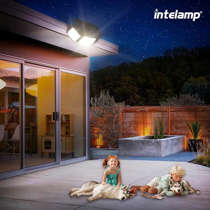intelamp Outdoor Solar Light Waterproof 6000mAh 1200LM Motion Sesnsor Flood Lights with Dual Sensor 4 Modes Remote Control 270° Wide Angle Security Light for Garden Garage Yard Pathway Farm