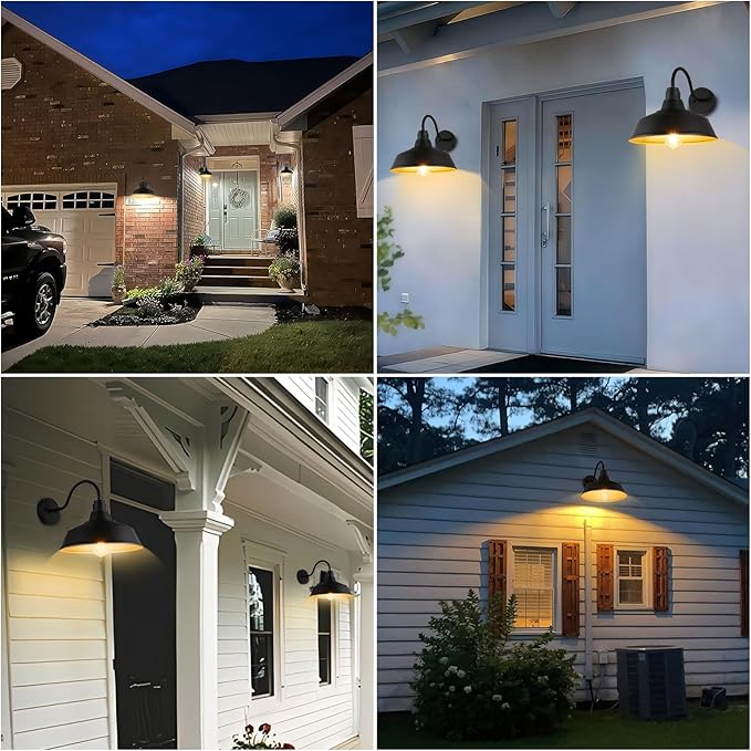 14.5 Dome Gooseneck Barn Light Outdoor Anti-Rust&ampWaterproof Farmhouse Wall Sconce Outdoor Wall Lanterns for Porch/Patio E26 Base 100W Max(Black 2-Pack Exterior Lighting Fixtures)