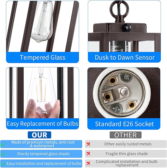 11'' Dusk to Dawn Outdoor Pendant Light Modern Outside Chandelier Outdoor Hanging Lantern Light Matte Brown with Clear Glass Exterior Pendant Lighting Fixture for Porch Yard Gazebo ORB (Small)