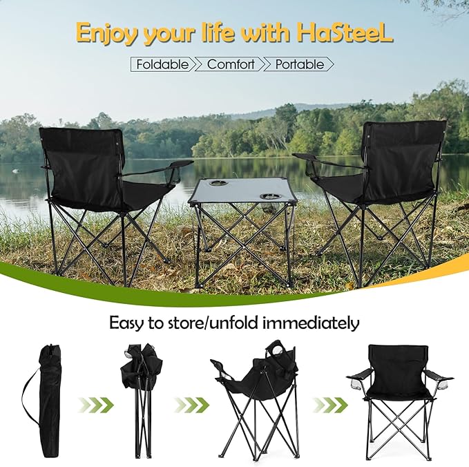 HaSteeL Folding Camping Chair Set of 3 Foldable Black Camp Chairs &amp Grey Table Large Lawn Chair Portable for Adults Hiking Fishing Picnic Outdoor BBQ Travel Sports Cup Holders &amp Storag