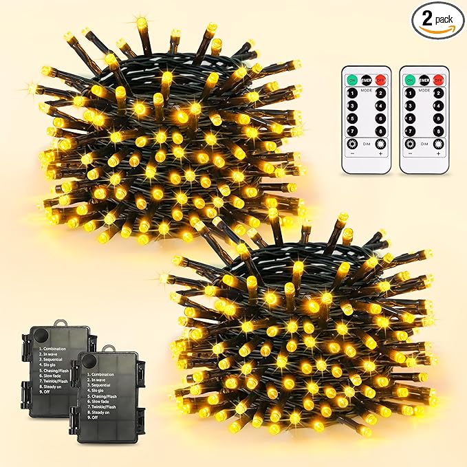JMEXSUSS Battery Operated Christmas Lights with Remote Each 33 FT String Lights Indoor Outdoor Waterproof 2 Pack 100 LED Warm White Christmas Tree Light for Outside Party Garden Yard Porch Decor