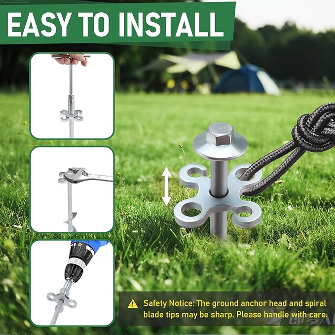 Ground Anchors Screw in – 8 Pack Spiral Tent Stakes heavy duty with Drill Socket &amp T-Handle 12 Inch Trampoline Anchor with Hook &amp Ring Design for Tents Sheds Canopies Swing Sets Gazebo(8)
