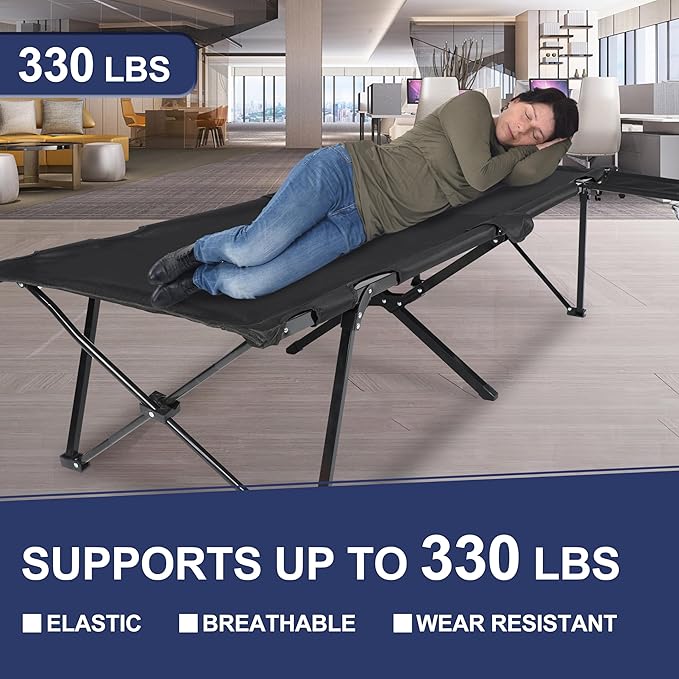 YSSOA Folding Camping Cot with Table for Adults Portable and Lightweight Sleeping Bed for Outdoor Traveling Hiking Easy to Set up Black