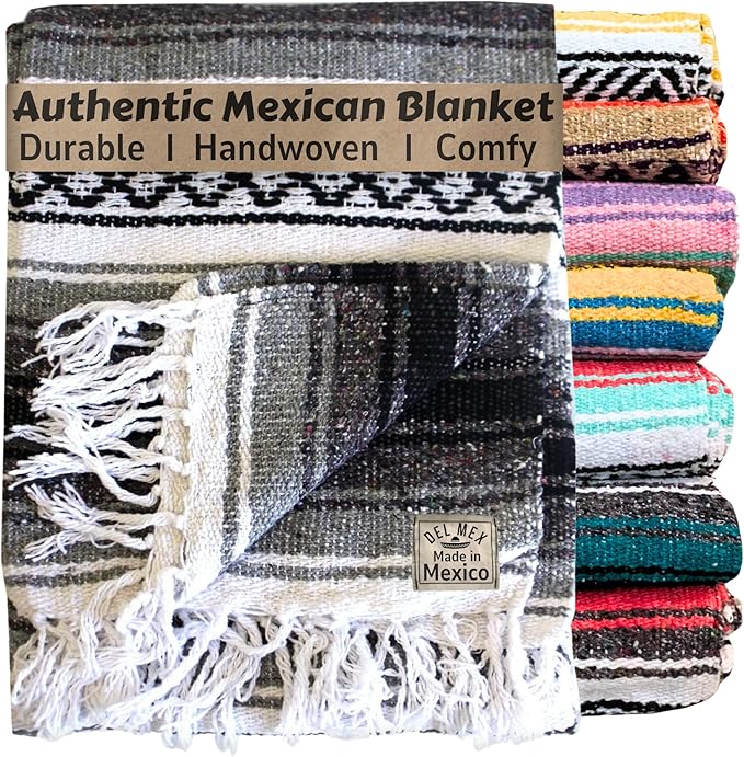 Del Mex Classic Mexican Blanket Large Authentic Woven Falsa Throw (70x50) Artisan Southwest Décor for Beach Yoga Outdoors (Gray)