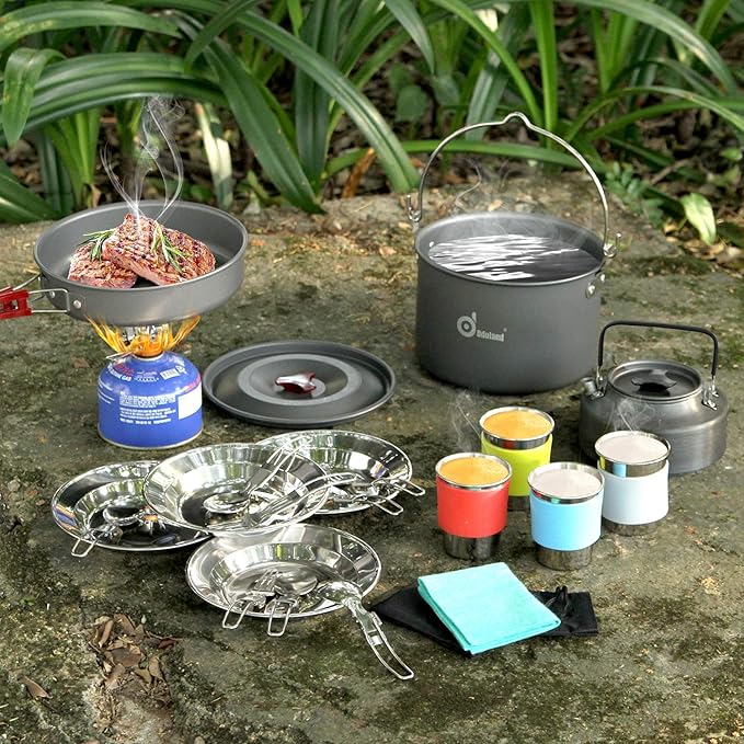 Odoland 22pcs Camping Cookware Mess Kit Large Size Hanging Pot Pan Kettle with Base Cook Set for 4 Cups Dishes Forks Spoons Kit for Outdoor Camping Hiking Picnic