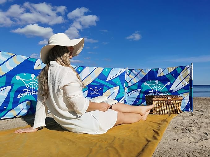 Premium 20 ft Beach Windscreen Privacy Screen Wind Blocker Free Rubber Mallet and Carry Bag Included (Surfs Up)