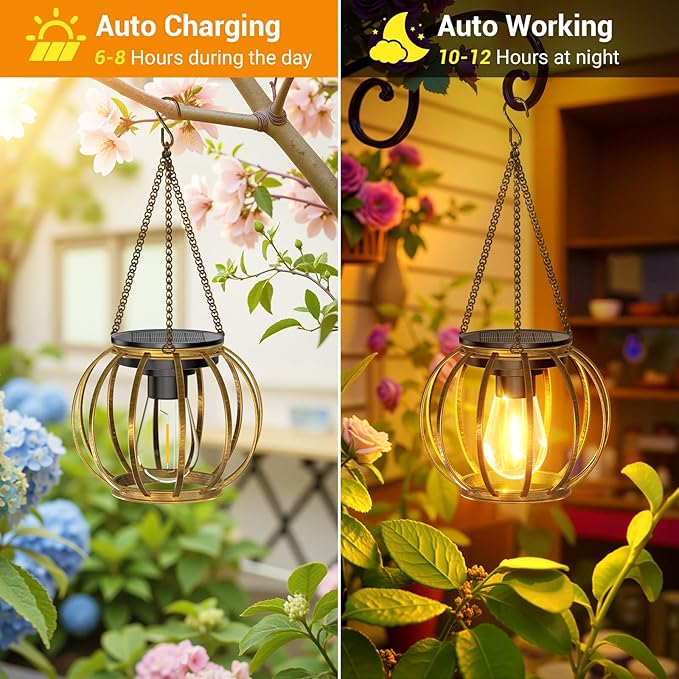 KOOPER Solar Lanterns Outdoor Waterproof 4 Pack Upgraded Bronze Metal Hanging Solar Lights Outdoor Lanterns Brighter Auto On/Off Outdoor Hanging Lantern for Yard Patio Pathway Porch Garden Decor