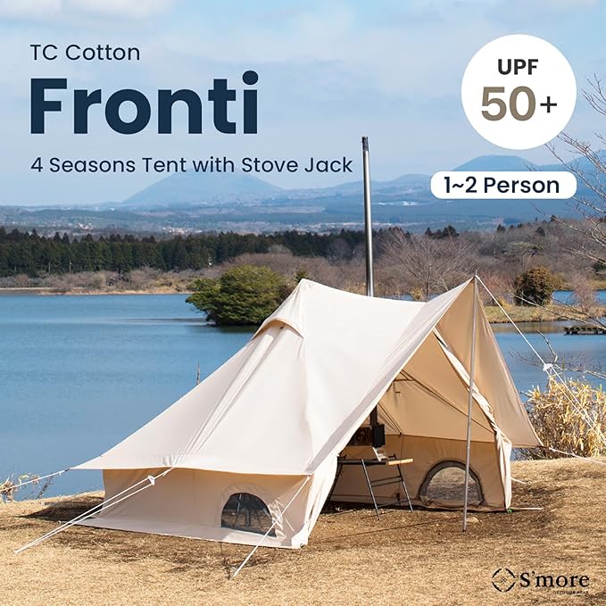 S'More Fronti Canvas Camping Tent - 2 Person 4 Season Weather Resistant Glamping Tent with Stove Jack for Car Camping &amp Hiking