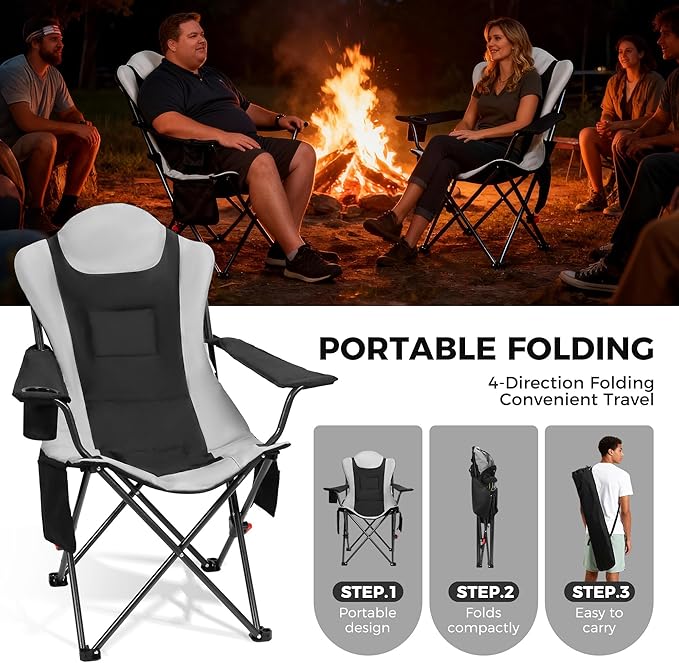 OUTSIDER Heated Camping Chair Heavy Duty 3-Position Folding Camp Chair with 3 Heat Levels Cup Holder &amp Side Storage - Outdoor Heating Camping Chair for Adults Supports 350lbsBattery Not Include