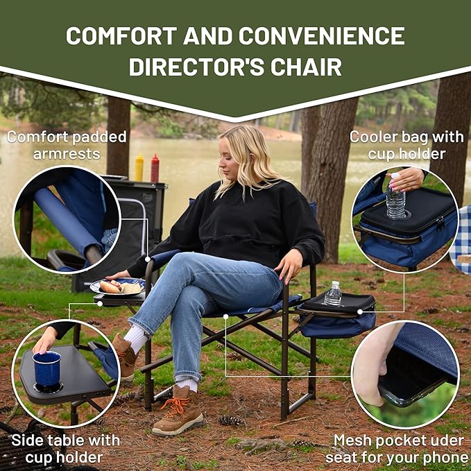 TIMBER RIDGE Folding Camping Chair with Cooler Bag Director Chair Foldable with Side Table for Adults Camp Chairs for Outdoor Lawn Sports Fishing Heavy Duty Supports 300lbs Blue