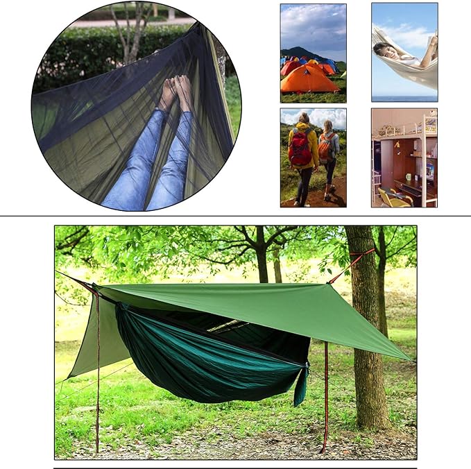 Portable Single Double Nylon High Strength Parachute Hammock Rainfly Set Camping Hammock with Rain Fly Tarp and Mosquito Net Tent Tree Straps Backpacking Hiking Travel Yard Outdoor Activities