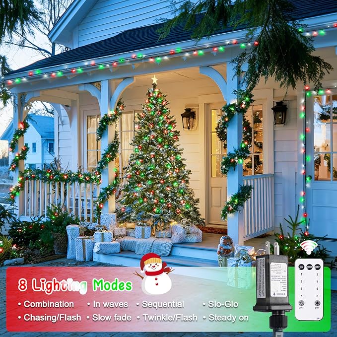 JMEXSUSS 400 LED Red White and Green Christmas Lights 132ft Christmas Tree Lights with Remote Outdoor Indoor String Light Plug in for Tree Patio House Yard Bush Decor