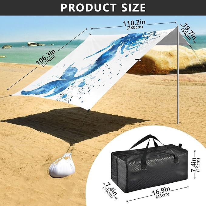 Watercolor Blue Mermaid Beach Tent Sun Shelter 9.2' x 10.5' Beach Canopy with 4 Sandbags 4 Stability Poles Sand Shovels - Tent Canopy for Beach Camping Fishing Picnics