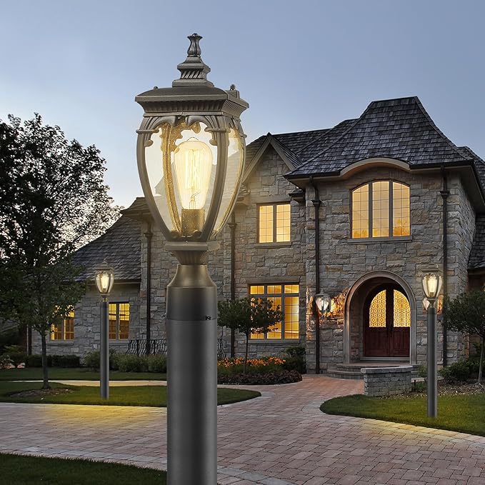 Outdoor Light Post Retro Waterproof Exterior Lamp Post Light Fixture Anti-Rust Aluminum Pole Lights Outside with Seeded Glass for Yard Garden Pathway Patio Lawn Matte Black