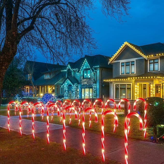 12Pack Christmas Decorations Candy Cane Lights16 Lighted Pathway Makers Lights with 72 Warm Lights Connectable Christmas Lights Outdoor Walkway Sidewalk Candy Canes Yard Lawn Decor