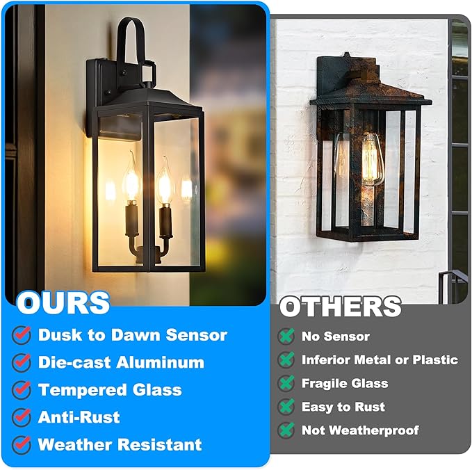 OKELI 17.6 Dusk to Dawn Outdoor Lighting 2-Light Black Wall Lantern for Porch Outside Wall Sconces with Tempered Glass Shade Anti-Rust Wall Lights Outside Light for Garage Foyer