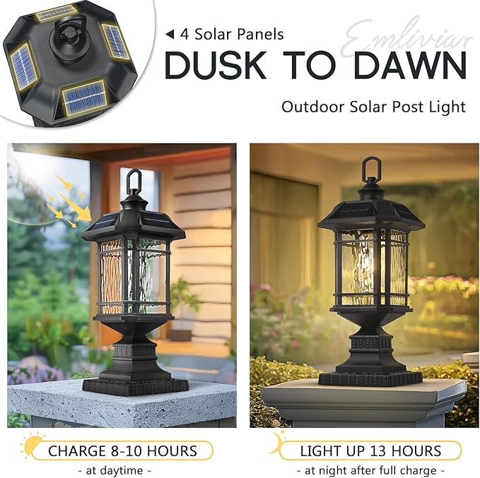 Emliviar Integral Solar Lamp Post with Fixed Pire Mount Base Matte Black LED Fence Deck Pilllar Lighting for Patio Portable Outside Solar Panels Lamp with Water Grain Glass 2084P-ML SL BK