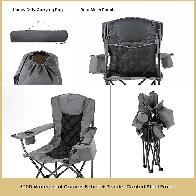 ARROWHEAD OUTDOOR 2-Pack Portable Deluxe Folding Camp Quad Chair w/Headrest Glass &amp Cup Holders Armest 6-can Cooler Heavy Duty Carry Bag 550 lbs Weight Capacity