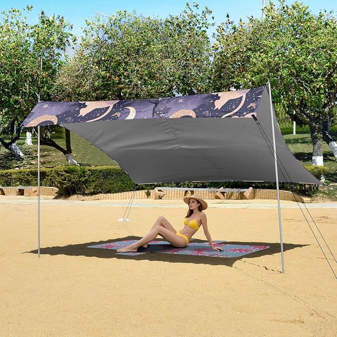Camping Sun Shelters Moon Clouds and Cats Pattern Beach Canopy 126 * 110.2in
