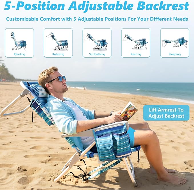 Folding Backpack Beach Chair for Adults 5-Position Aluminum Lightweight Reclining Beach Chair Low Sands Compact Chairs with Cup Holder and Padded Headrest for Lawn Patio PoolsideSupports 300lbs
