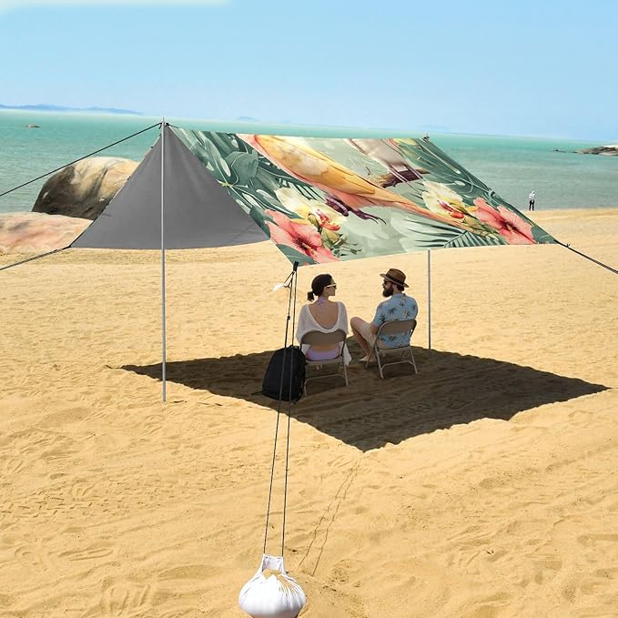 Cockatiels with Flowers Beach Tent Sun Shelter 9.2' x 10.5' Beach Canopy with 4 Sandbags 4 Stability Poles Sand Shovels - Tent Canopy for Beach Camping Fishing Picnics