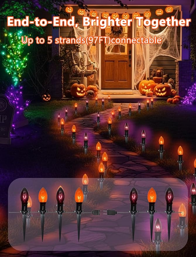 Halloween Pathway Lights Outdoor10 Pack Halloween Party Decor Stake Lights with C9 Clear Black&ampOrange Bulbs19.5Ft Extendable Waterproof Walkway Lights for Yard Porch Lawn Garden