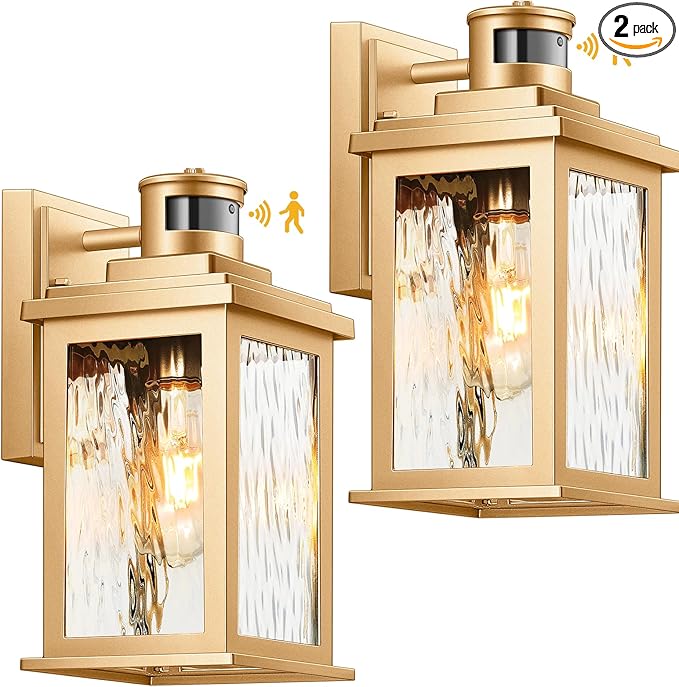 VIANIS 2 Pack Motion Sensor Outdoor Lights Lantern Dusk to Dawn Exterior Lights for House Gold Anti-Rust Porch Lights Sconce Garage Lights Wall Mount for Patio Doorway UL Listed