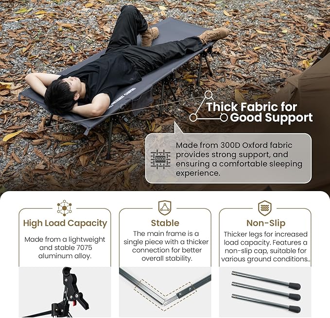 ONETIGRIS SUPRANUBIS Camping Cot Height Adjustable with Cot Leg Extenders Strong Support 330lbs Lightweight Comfortable Folding Bed for Camping Hiking Travel Truck Beach Office Nap