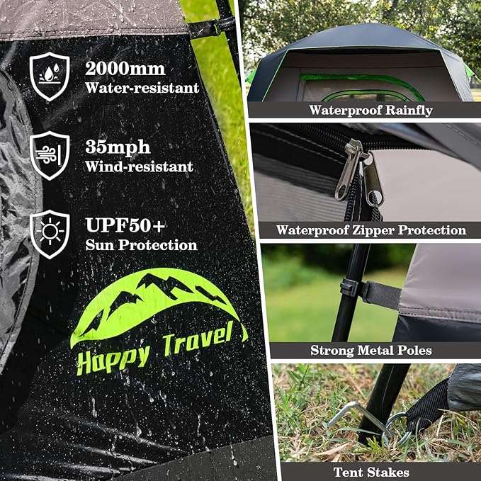 Happy Travel Tent 4 Person Tents for Camping Waterproof Easy Setup Camping Tent with Top Rainfly Portable Tall Cabin Tent with 4 Mesh Windows and Carry Bag for Outdoor Camping &amp Hiking