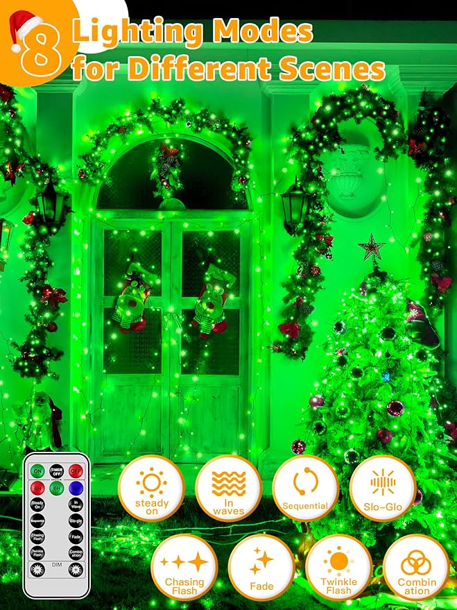 500 LED 164 FT Christmas Lights Waterproof Outdoor String Lights with Remote and Timer Christmas Tree Lights with 8 Modes Dimmable Fairy Lights for Holiday Decor (Green)