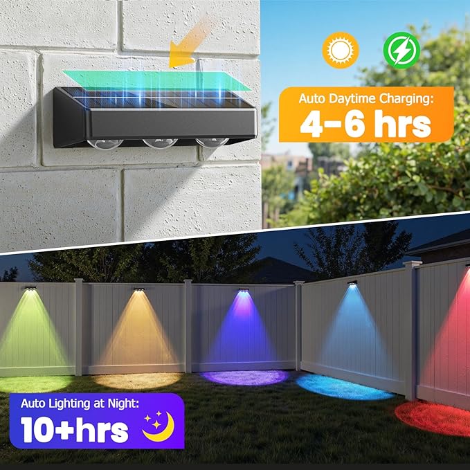NIORSUN Solar Fence Lights8 Pack Solars Deck LightRGB ColorOutdoor Bulb Waterproof Led IP65Power Patio Lamp with Lenses for Outside/Backyard/Railing/Yard(Black)