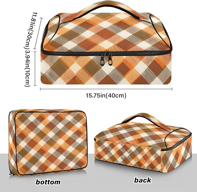 Casserole Carrier Orange Brown Tartan Insulated Casserole Carrier for Hot or Cold Food Thermal Lunch Tote for Parties Picnic Travel Carry Bag