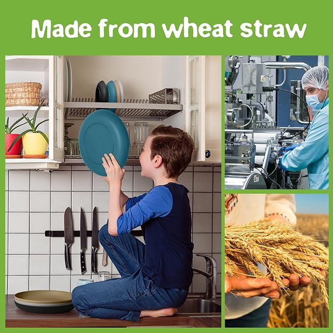 Teivio 32-Piece Kitchen Plastic Wheat Straw Dinnerware Set Service for 8 Dinner Plates Dessert Plate Cereal Bowls Cups Unbreakable Colorful Plastic Outdoor Camping Dishes Cerulean Hues