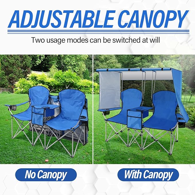PLKO Portable Double Camping Chair with Canopy ShadeHeavy Duty Beach Chairs for AdultsFolding Beach Chair with Cooler Bag for Sports Backyard Fishing Outside（Blue）