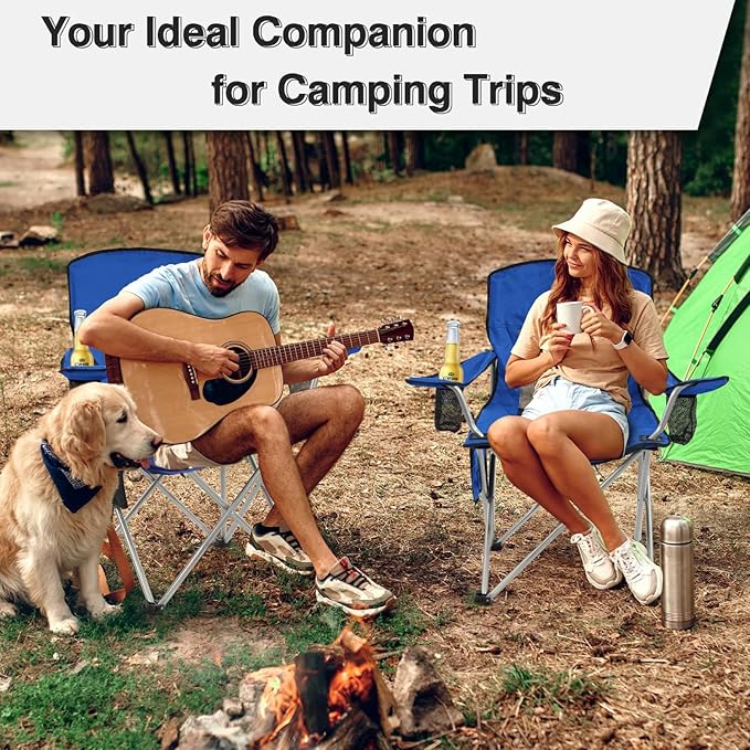 Simple Deluxe Outdoor Foldable Camping Chair with Sturdy Material and 300lbs Capacity Foldable Camping Chair with Cup Holder and Carrying Bag for Parks Beaches Fishing and Camping Blue