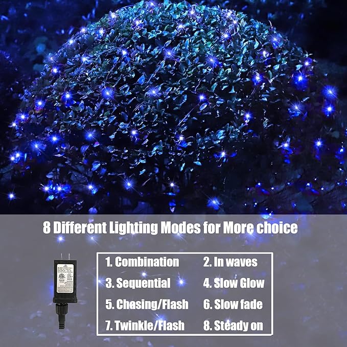 Blue Christmas Net Lights Outdoor 5ft x 6ft Connectable 120Led 8 Modes Waterproof Black Wire 29V Plug in Mesh Net Christmas Lights for Garden Yard Bushes Trunk Xmas Tree Decor (Blue)