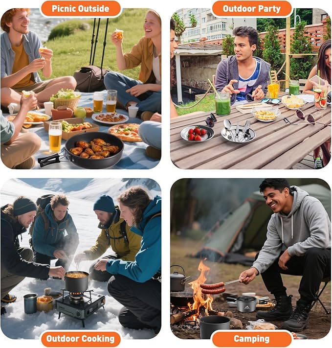27pcs Camping Cookware Mess Kit for 2-4 People Portable Cookware Set with Kettle Pots &amp Pans Stainless Steel Utensils Plates Dishware for Backpacking Picnic Outdoor Adventures