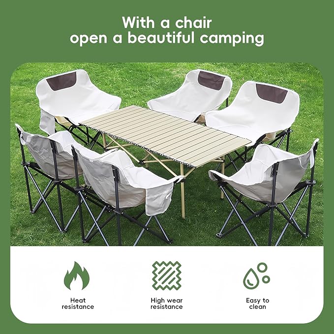Portable Outdoor Camping Set Square End Table with 4 Moon Chairs for Patio Garden Living Room Indoor Outdoor Use (White 47 inches)