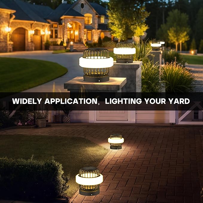 Solar Post Lights with Remote Control Modern Pillar Light Dusk to Dawn IP54 Waterproof Solar Post Cap Lights with 3200K LED Outdoor Light Fixture for Garden Deck Patio Outside Lighting (Stripe )