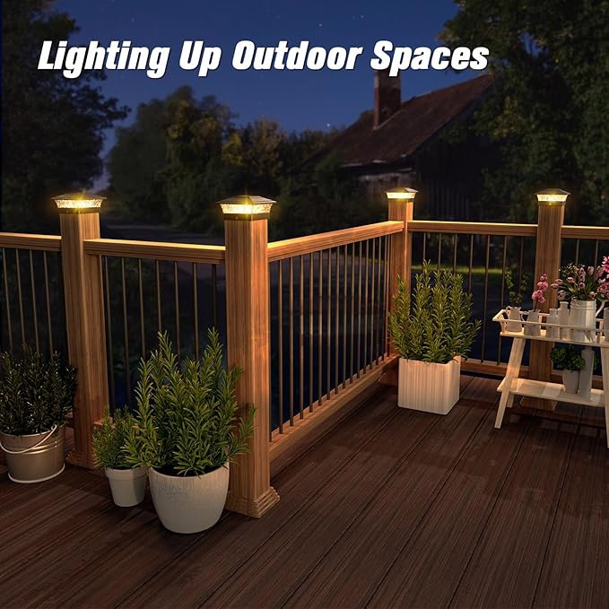 Solar Post Cap Lights Outdoor 6pack Waterproof Fence Post Lights with 16 Ultra Bright LEDs Fit 4x4 Wood/Vinyl Posts Black Deck Post Lights with Warm/Cool White for Garden Patio Porch Yard