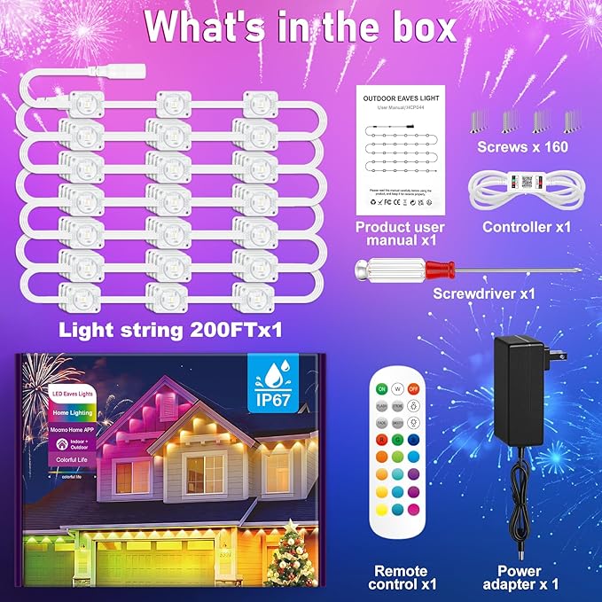 MUCCCUTE Permanent Outdoor Lights for Holidays Easter 200ft RGB House Light w/App &amp Remote Control Smart Rainbow LED IP67 Waterproof for New Year Christmas Roof Eaves Garden Décor All Year Around